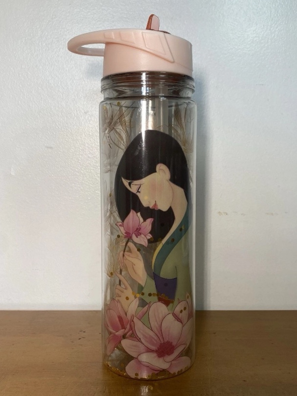 Disney Parks Mulan Snow Globe Pink Tumbler Straw Insulated Flip Top Loop Lid Cup